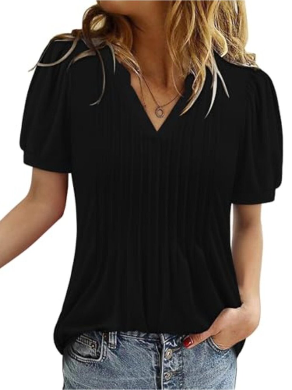 Puff Sleeve Pleated V Neck Tunic Top Short Sleeve Peasant Blouse